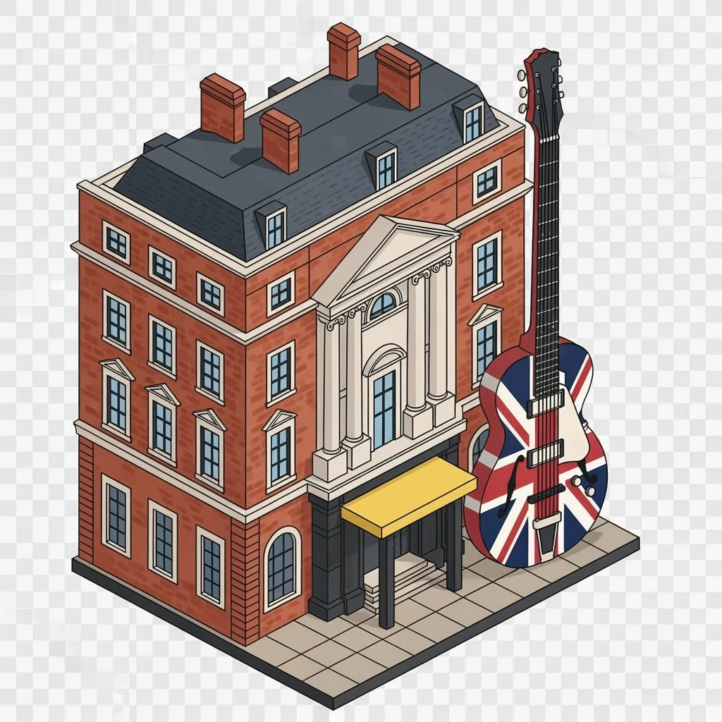 Isometric illustration of Liverpool photorealistic The Beatles Story museum, a Union Jack guitar and brick building in a miniature, slightly hand-drawn style, balanced between stylized and realistic, no cartoonish look, transparent background. emoji