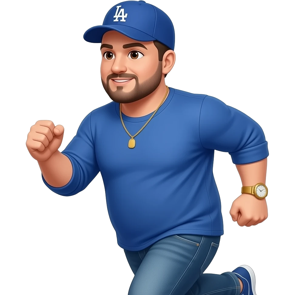 Chubby man with brown eyes and light honey skin tone and lightly shaved black beard wearing a blue Los Angeles Dodgers logo baseball cap wearing a long sleeve blue shirt wearing a gold tennis necklace and a gold wrist watch wearing denim jeans running left emoji
