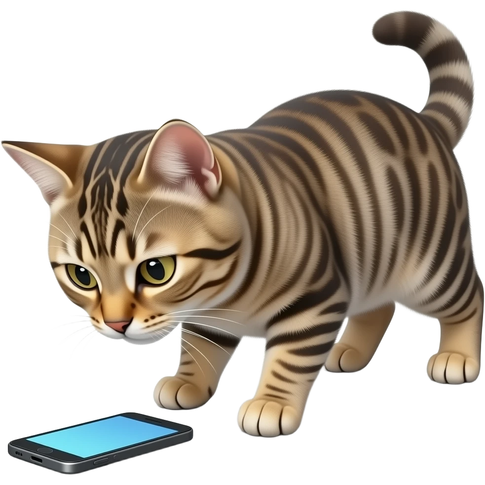 Glossy 3D rendered realistic cat on all fours, detailed fur and features, side profile, head tilted down looking at a smartphone on the ground in front of it, soft shading, white background emoji