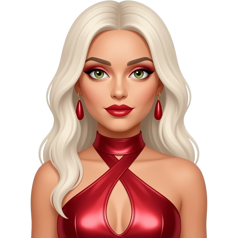 Jesy Nelson from Little Mix with hazel-green eyes, long white blonde hair, red eyeshadow and lipstick, red metallic halter dress, red earrings emoji