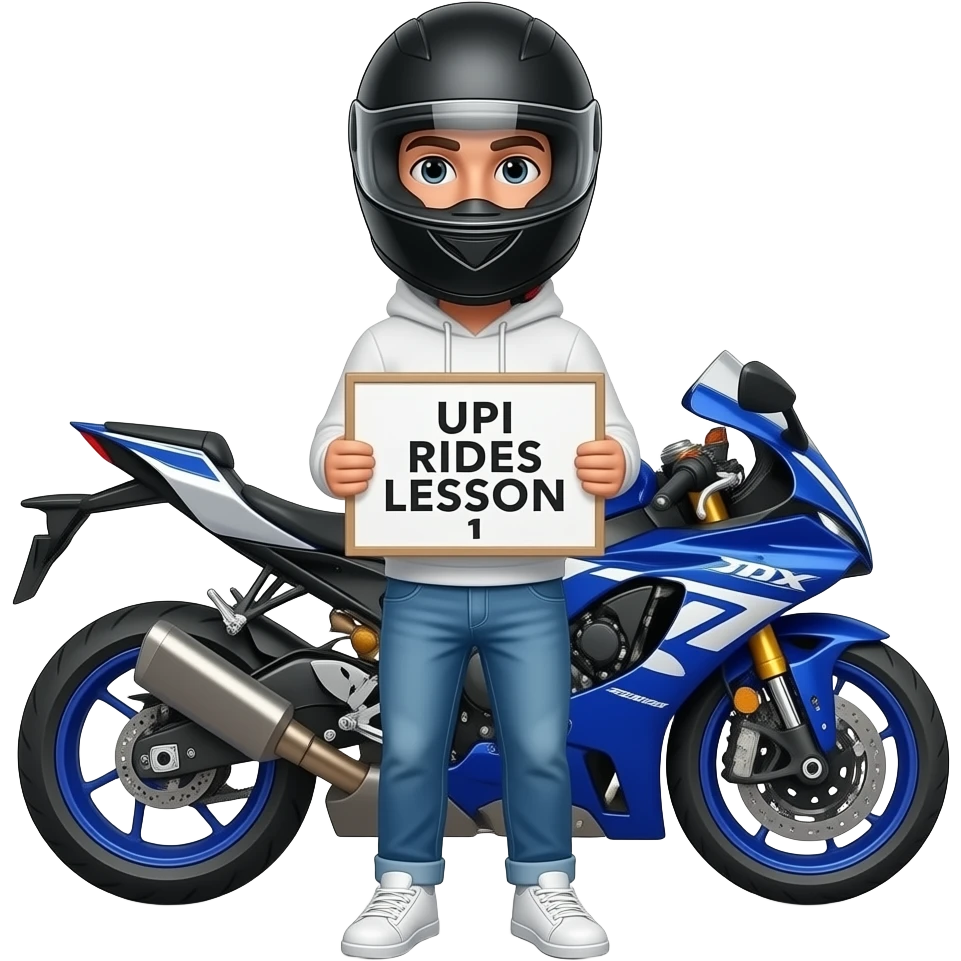 a man with a black helmet including a black vision wearing a white hoodie, bright blue jeans and white sneaker stands in front of a blue and white motorcycle and holding a UPI RIDES LESSON 1 sign emoji