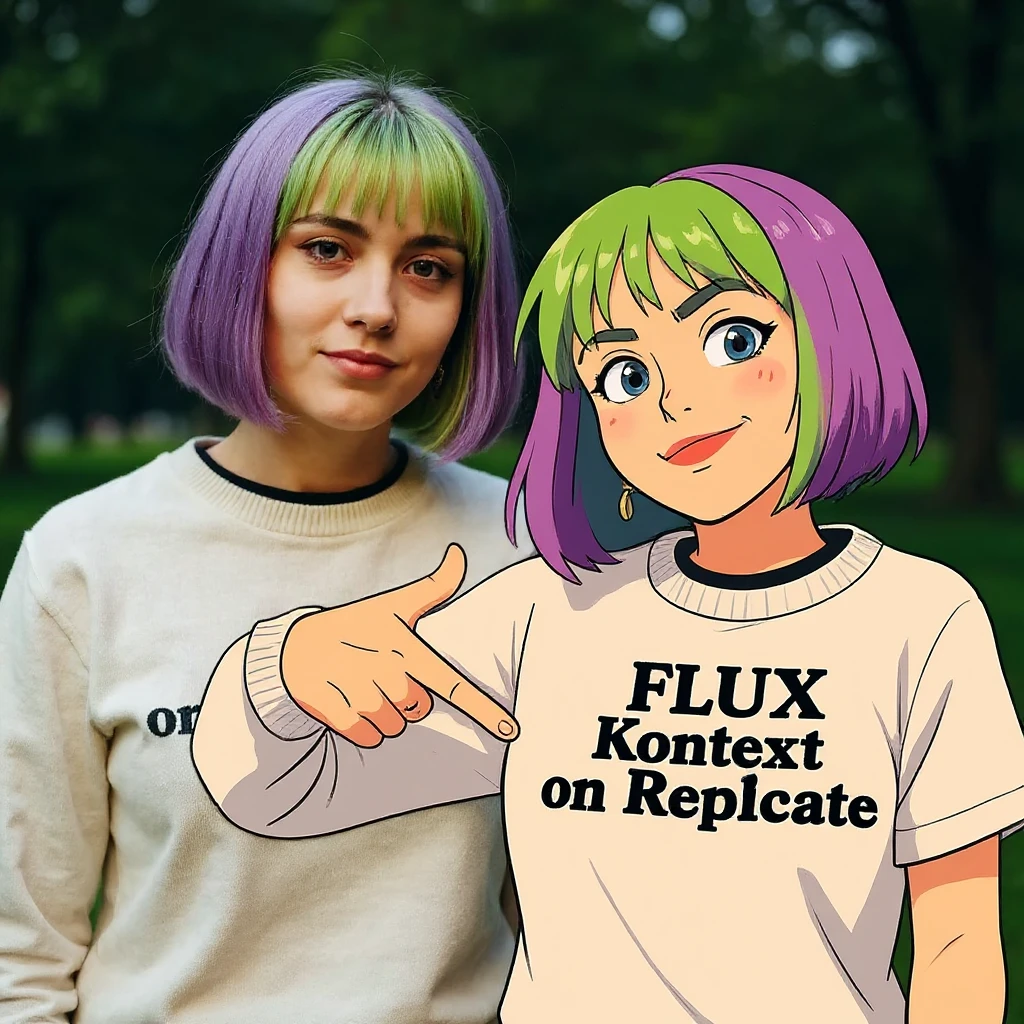 make a image of a girl with a anime version of that girl beside her wearing tshirt with text of just "FLUX Kontext" nothing else emoji