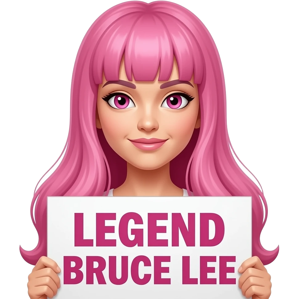 sexy girl with long pink hair and pink eyes holding LEGEND BRUCE LEE sign emoji