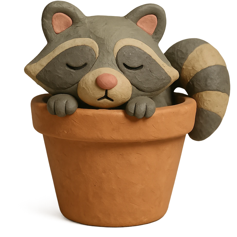 sleepy raccoon inside a flower pot, pastel earthy colors, claymation style emoji