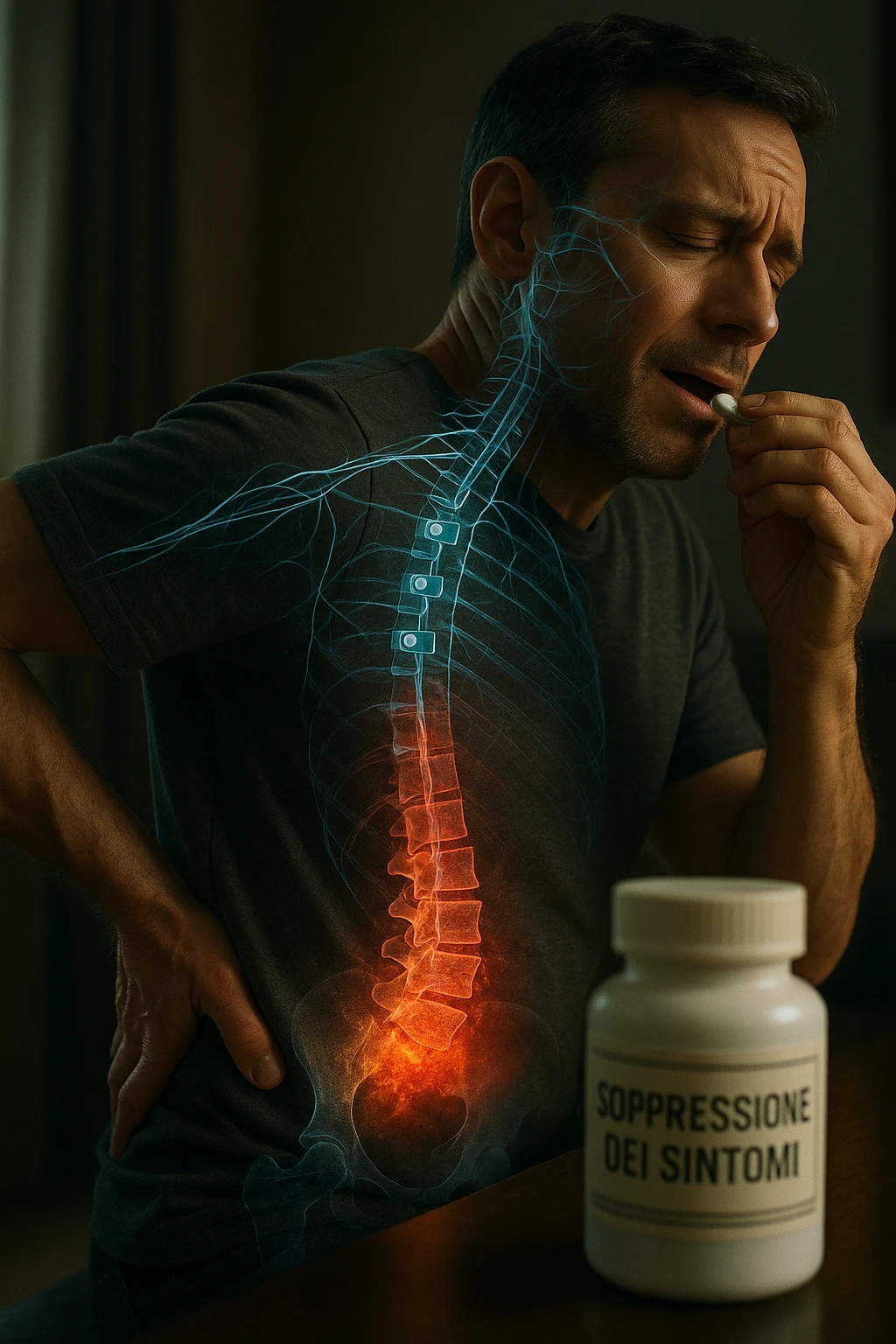 Realistica cinematic Man taking pain medication for chronic back pain, pills shown as dimmer switches turning down pain signals in transparent nervous system overlay, underlying spinal damage remaining completely untreated and worsening, expression of temporary relief masking progressive deterioration, medication bottle labeled 'symptom suppression' not 'cure', root cause inflammation continuing to spread in italiano emoji