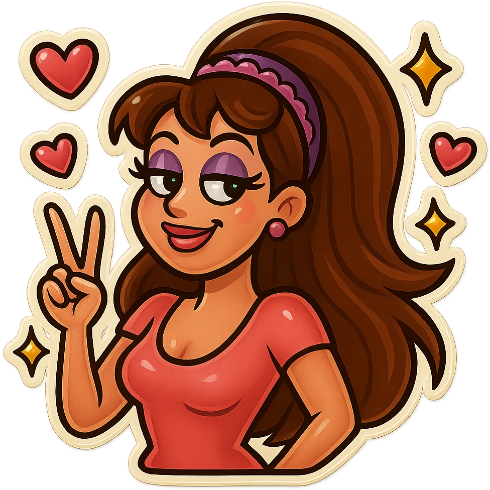 Change the hair color to brunette while keeping the valley girl making a peace sign, pastel makeup, cute headband, hearts and sparkles. emoji