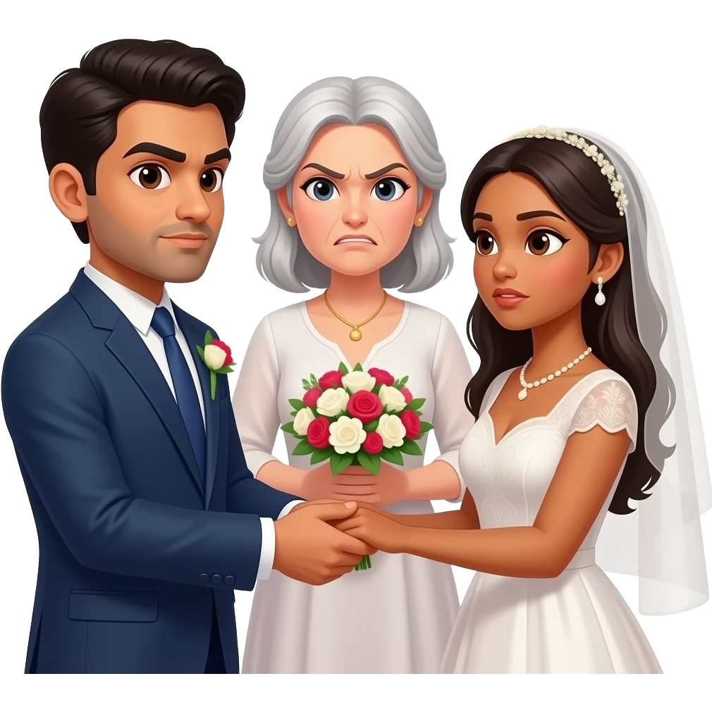 An indian man and a mixed race woman getting married and there is a white middle aged angry woman with flowers in the background emoji