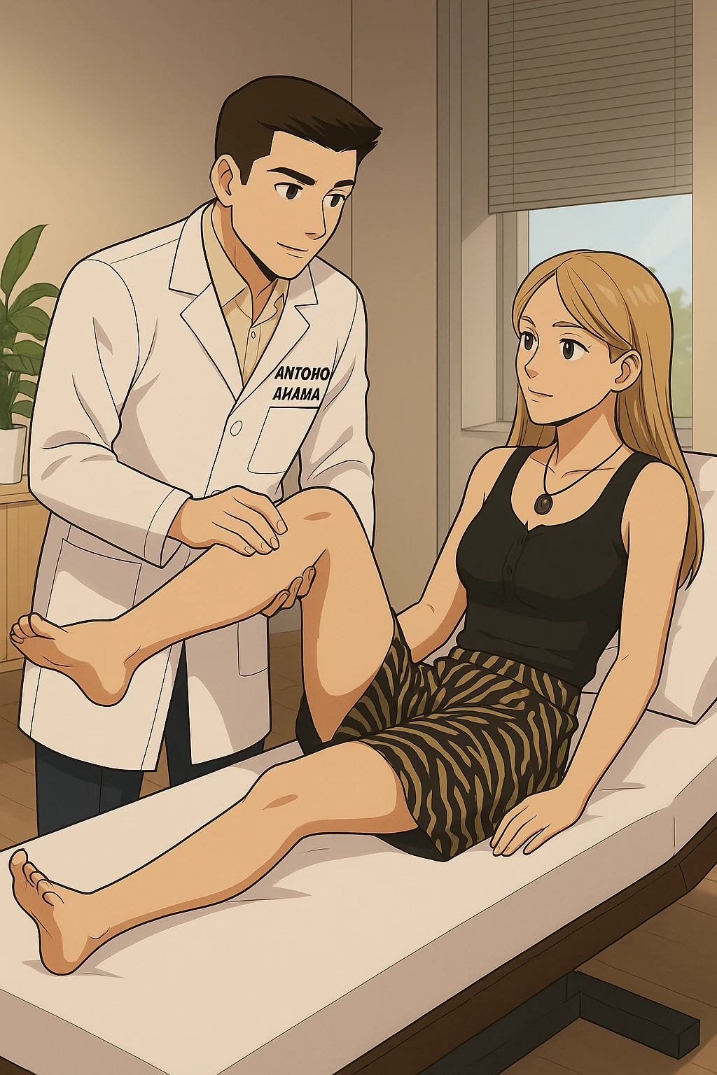 fai un webtoon/manga a colori con questo kinesiologo in camice bianco (fagli la scritta "ANTONIO ANANIA" SUL CAMICE) CHE SVOLGE UN TEST NEUROMUSCOLARE SOLLEVANDO UNA GAMBA ALLA RAGAZZA CHE è STESA SU UN LETTINO BIANCO. STANZA SEMPLICE E MODERNA, DURANTE IL TEST I DUE DIALOGANO TRA LORO. NON FARE I FUMETTI, FAI SOLO LORO COME SE DIALOGASSERO emoji