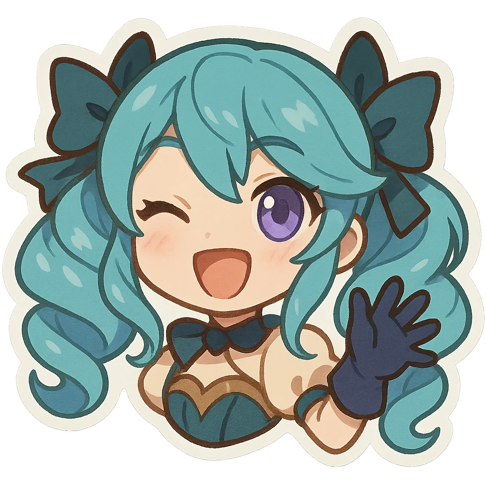 chibi style Gwen from League of Legends, only head, right eye purple, one hand waving with glove, big smile, energetic pose emoji