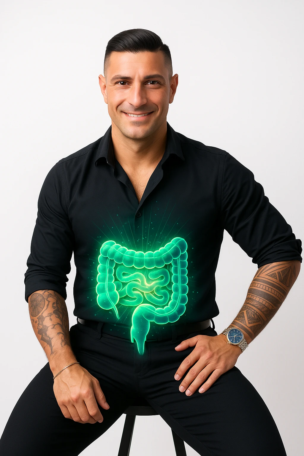 Vertical format: a man in a confident pose with a highlighted stylized glowing intestine in the abdominal area, using colors that convey health and vitality. emoji