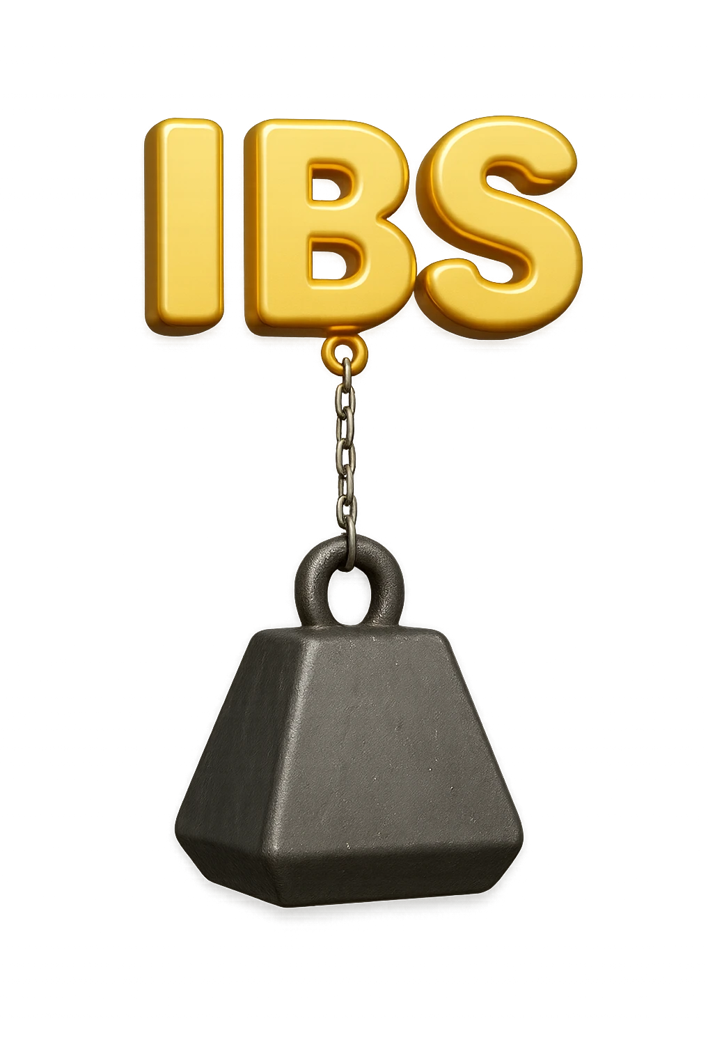 emoji stile iphone della parola "IBS" sospesa in aria con zavorra attaccata sotto che la fa cadere per il peso, iperrealistico 4k emoji