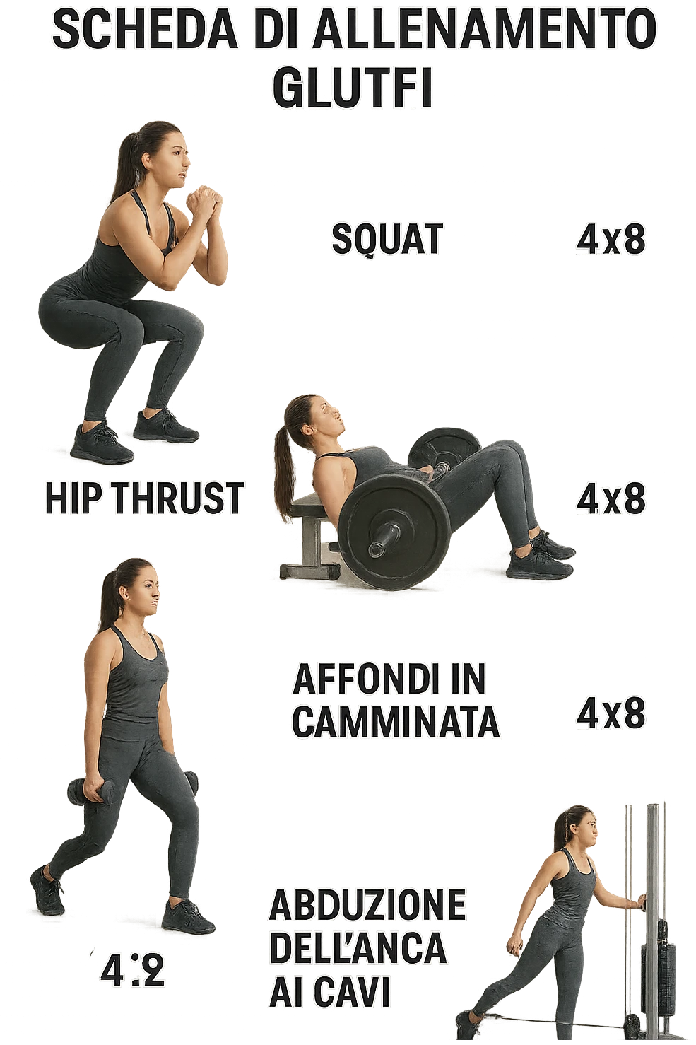 scheda di allenamento glutei in italiano con le reps scritte (tipo 4x8 ecc), iperrealistico 4k emoji