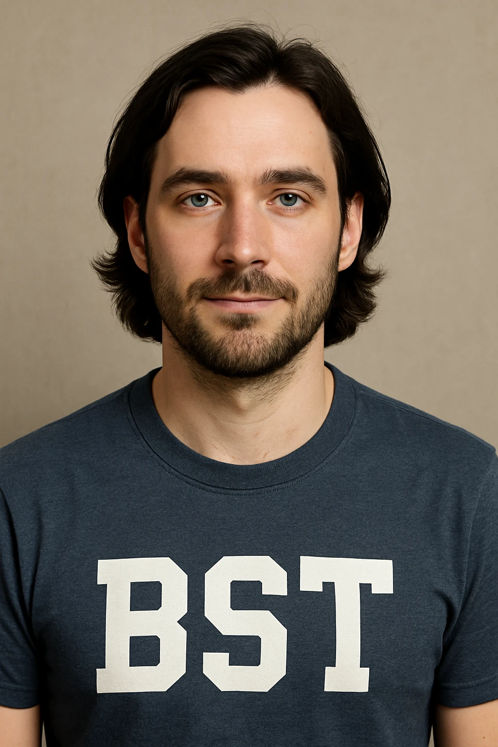 Caucasian male avatar, age 30, white skin, dark slightly long hair, blue eyes, bust portrait, shirt features 'BST' lettering emoji
