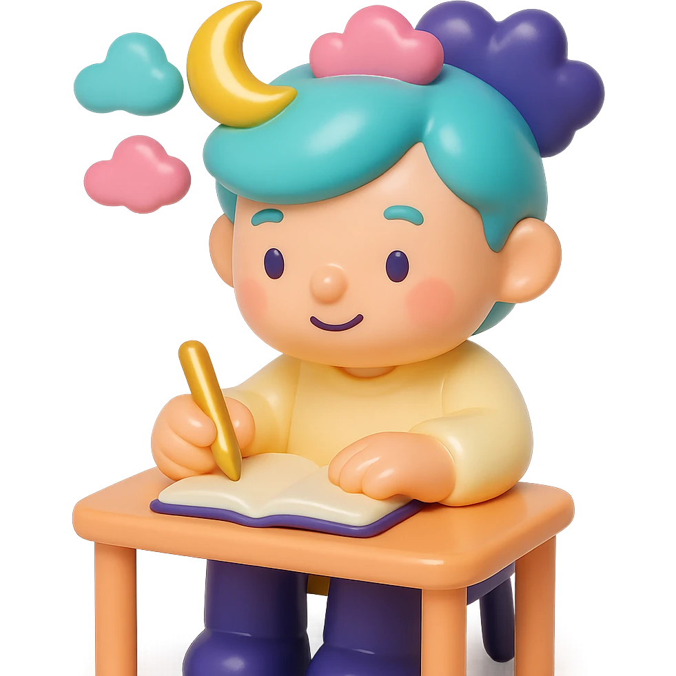 beginner author, sitting at a desk with a notebook, looking inspired and imaginative, using a color palette of soft pastel colors with accents of gold and deep purple emoji