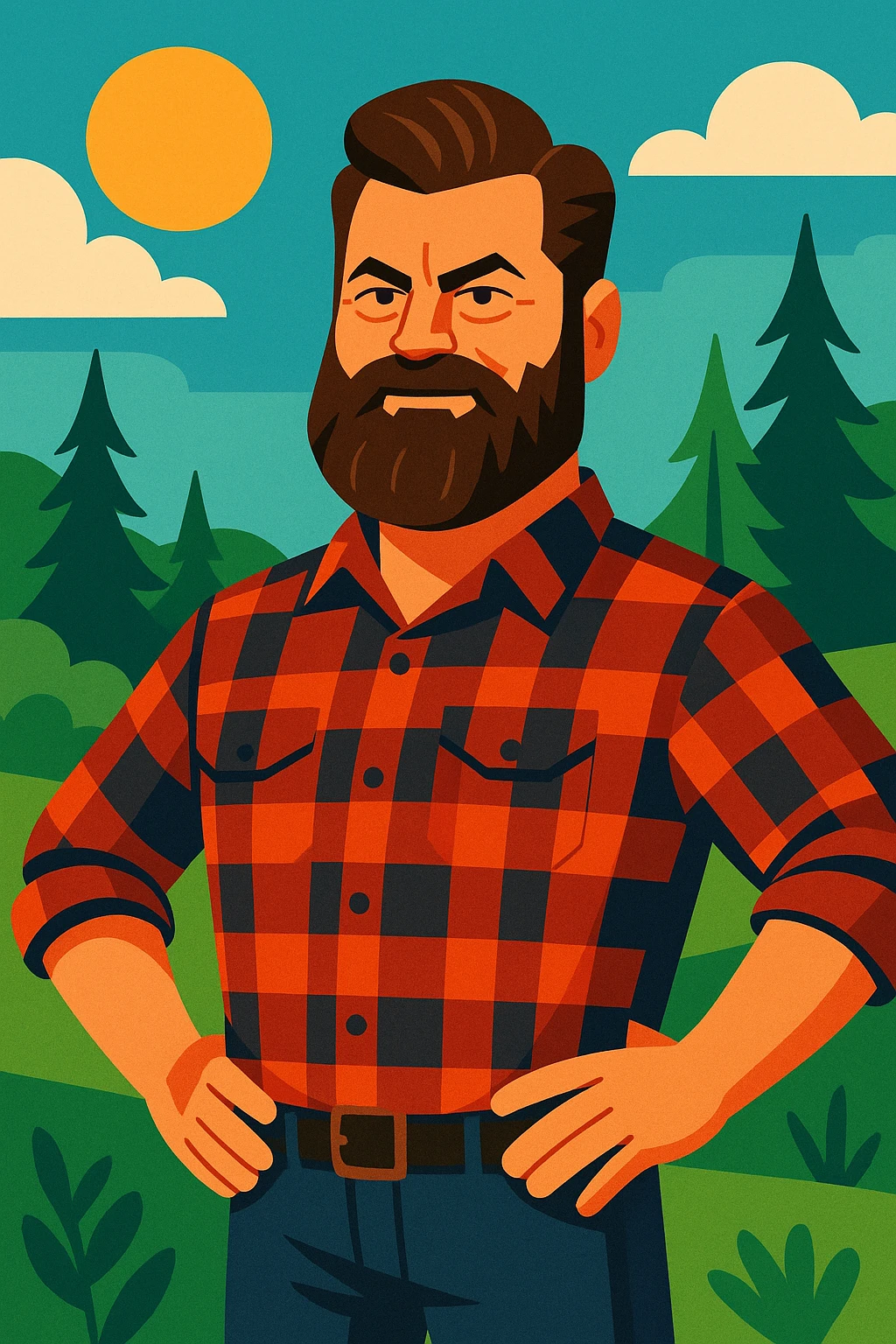 Nick Offerman looking awesome, confident pose, full beard, plaid shirt, outdoors emoji