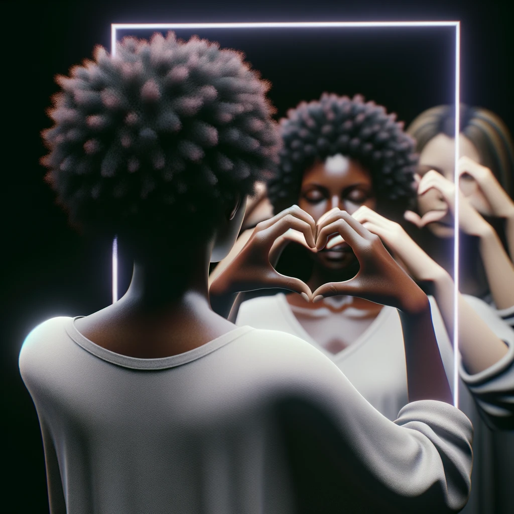 DONNA DI SPALLE CHE SI GUARDA ALLO SPECCHIO CREANDO UN CUORE CON LE MANI, iperrealistico 4k emoji