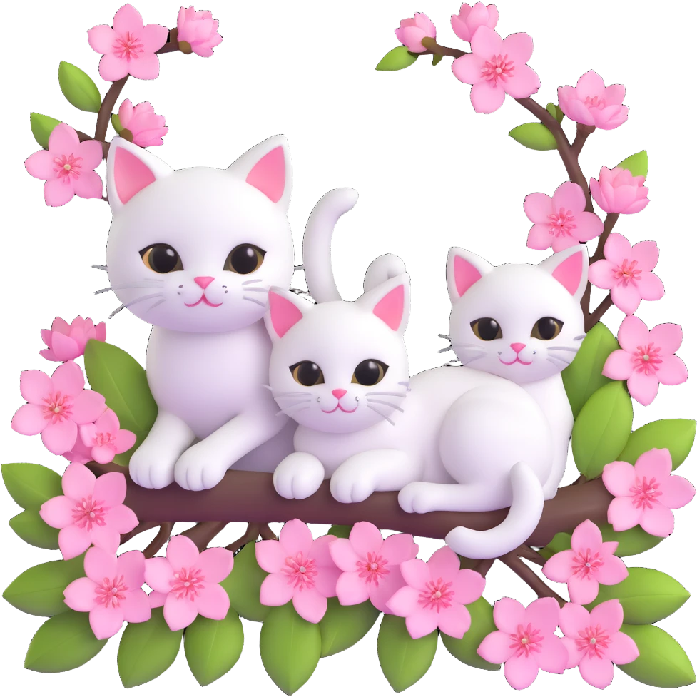 3D iOS-style illustration of a cherry blossom branch with cute white cats peeking out from behind the pink flowers, soft pastel colors, smooth shading, playful friendly vibe emoji