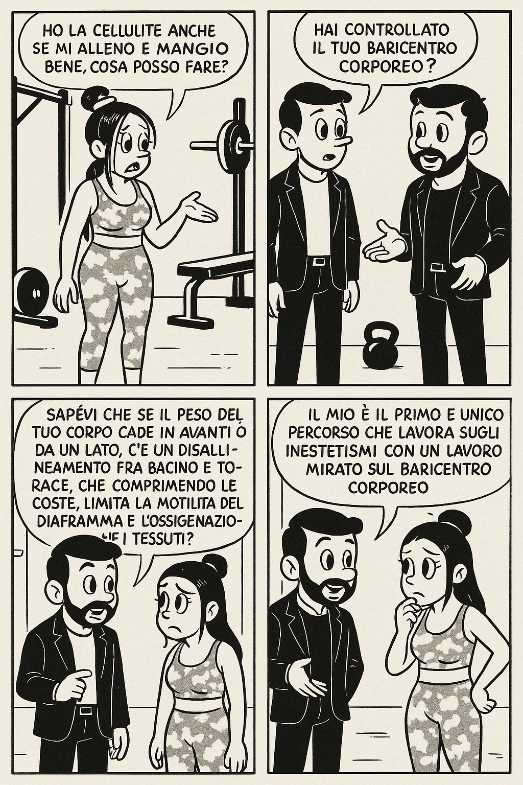 TRASFORMA QUESTO CAROSELLO IN UN FUMETTO STILE TOPOLINO CON QUESTE DUE PERSONE IDENTICHE CHE INTERLOQUISCONO TRA LORO:

LEI: Ho la cellulite anche se mi alleno e mangio bene, cosa posso fare?

LUI: Hai controllato il tuo baricentro corporeo?
LUI: Sapevi che se il peso del tuo corpo cade in avanti o da un lato, c’è un disallineamento fra bacino e torace, che comprimendo le coste, limita la motilità del diaframma e l’ossigenazione dei tessuti?
LUI: Il mio è il primo e unico percorso che lavora sugli inestetismi con un lavoro mirato sul baricentro corporeo. emoji