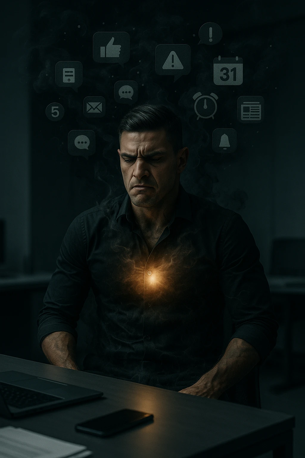 A highly realistic, cinematic image of a young man in his early 30s, sitting at a modern office desk under harsh artificial lighting, shoulders hunched, jaw clenched, and breathing shallowly, symbolizing how modern society forces people to live in a state of chronic tension and restricted breathing. Around him, faint black and grey visual elements represent notifications, deadlines, social media icons, and news alerts, swirling around his head like a chaotic storm, symbolizing societal pressure. His chest appears visually tight and compressed, and faint dark smoke emanates from his body, representing blocked breath and internalized stress. In contrast, a faint glowing light near his chest and abdomen tries to expand, symbolizing the innate desire of the body to breathe freely and deeply. The environment is cold and minimalistic, with a sense of stillness and tension, captured in a hyperrealistic 35mm film style with muted colors, focusing on the man's tense posture and restricted breathing to reflect the unseen burden of modern living. in italiano emoji