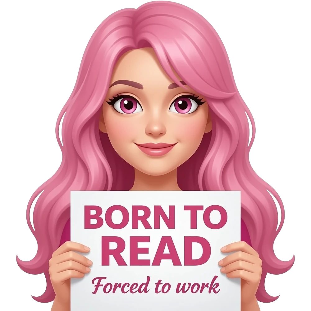sexy girl with long pink hair and pink eyes holding a BORN TO READ Forced to work sign emoji