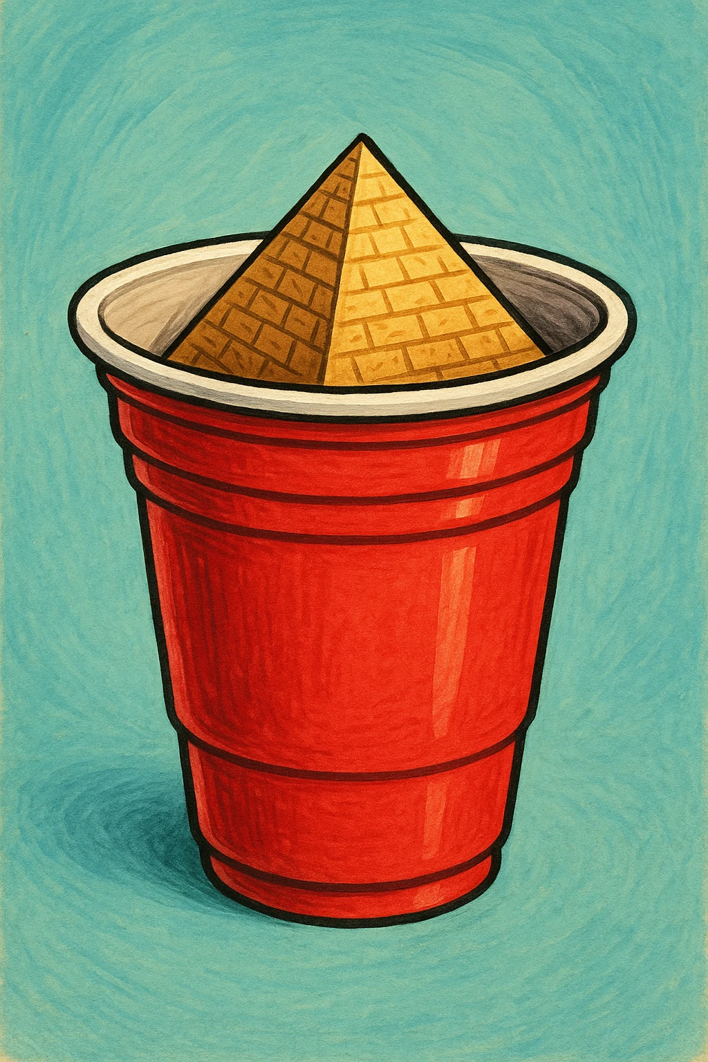 a red plastic party cup with a small Egyptian pyramid inside, whimsical emoji