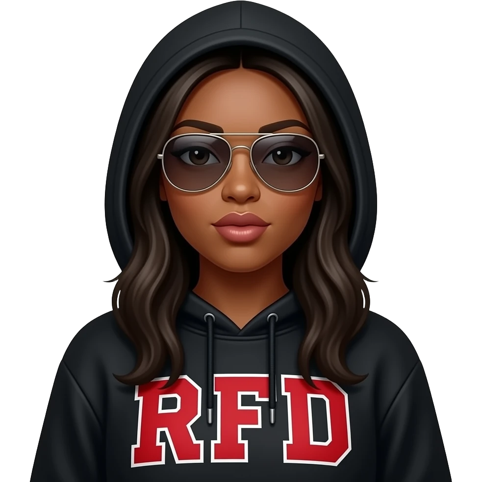 Black Woman long hair in Black hoodie that says “RFD” in red large font, wearing aviator sunglasses, hood up, pouting emoji