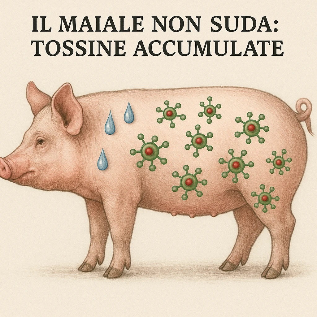 realistic illustration of a pig seen in profile with barred sweat drops and green/red toxin molecules accumulating inside the body, neutral background, Italian text: 'Il maiale non suda: tossine accumulate', 4K quality emoji