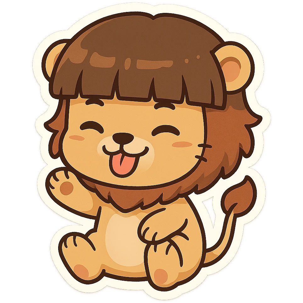cartoon lion with a bowl cut hairstyle, playful expression, chibi stickers style emoji