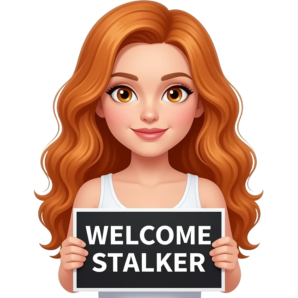 sexy girl with long wavy ginger hair and ginger eyes wearing a white tanktop is holding a black colored sign with WELCOME STALKER written on it emoji