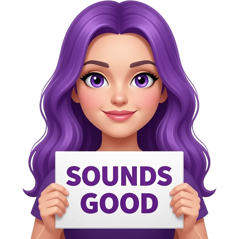 sexy girl with long purple hair and purple eyes holding a SOUNDS GOOD sign emoji