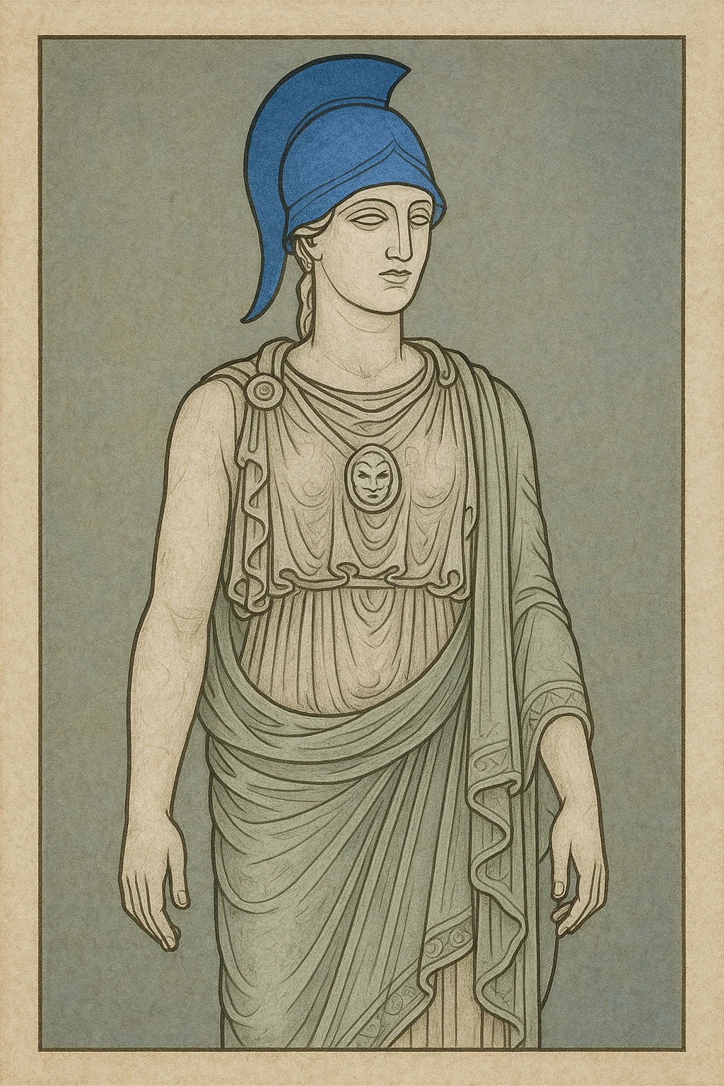 Athena statue with blue helmet (#2F80C1), ancient Greek marble sculpture style, elegant and powerful emoji