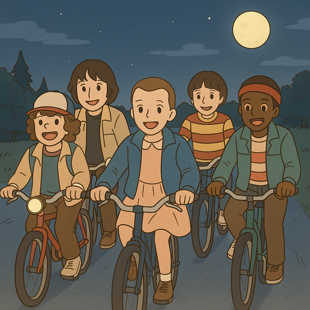 Iconic Stranger Things scene: group of friends (Eleven, Mike, Dustin, Lucas, and Will) riding bicycles together at night, all smiling, atmosphere of friendship and adventure, simple line art, light pastel tones, thick outlines, Ghibli style, 1:1 format, safe and friendly. emoji