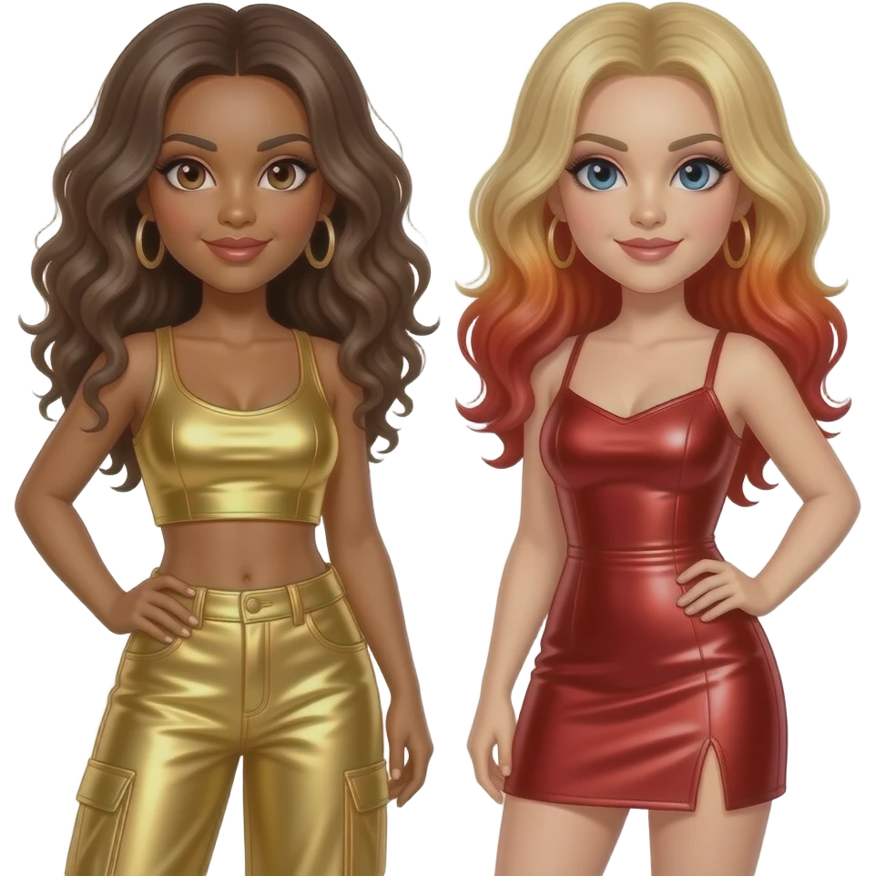 Spice Girls with Mel B with long brown curly hair, brown eyes, gold metallic crop top and baggy pants, Geri with blue eyes, blonde and red hair, red metallic short dress emoji