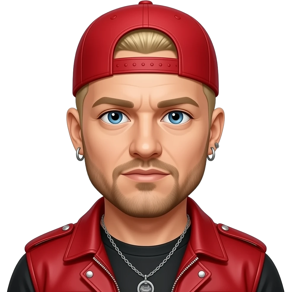Fred Durst with blue eyes, blonde buzz cut hair, red cap, red nu-metal outfit, earrings and necklace emoji