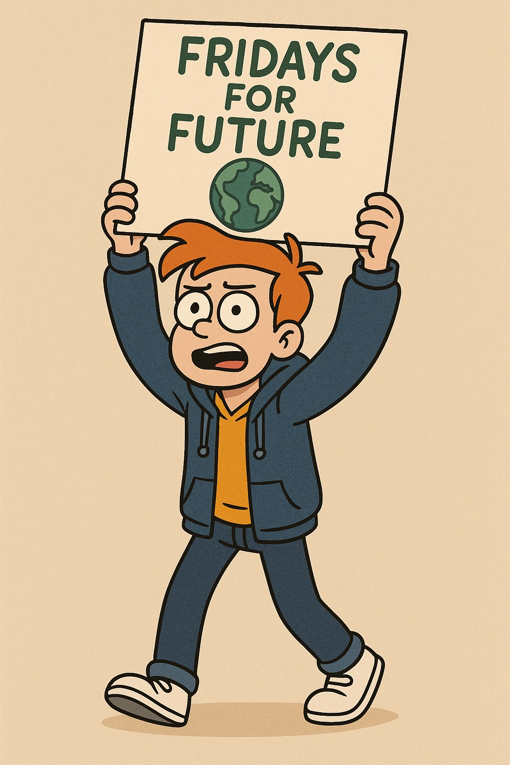  Fridays for Future a boy Yellow Orange hair shirts blue jackets hoodie dark blue jeans white shoe  emoji