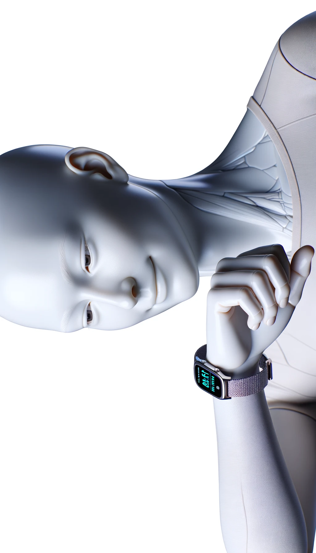corpo umano anatomico sereno e felice che cammina mentre osserva il suo orologio contapassi, colori realistici del corpo, espressione soddisfatta, iperrealistica 4k, isolato su sfondo bianco emoji