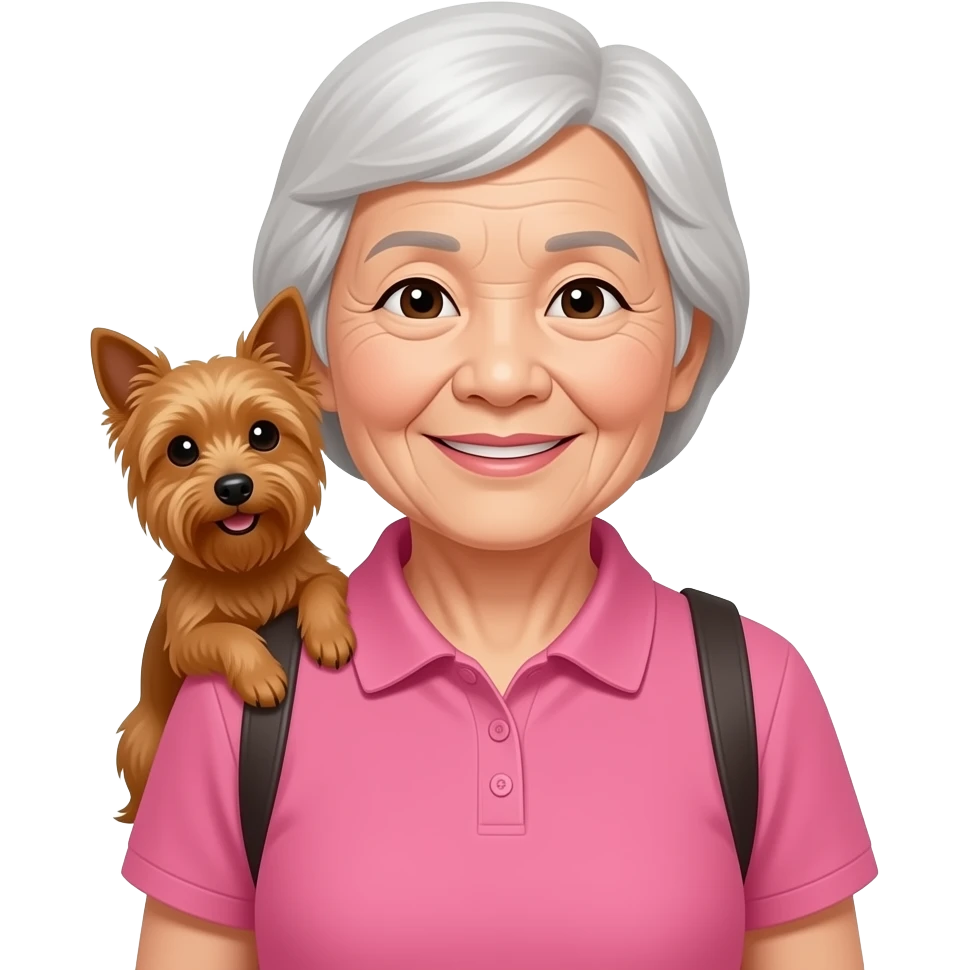 Asian grandma wearing pink polo shirt with short white hair carrying brown terrier emoji