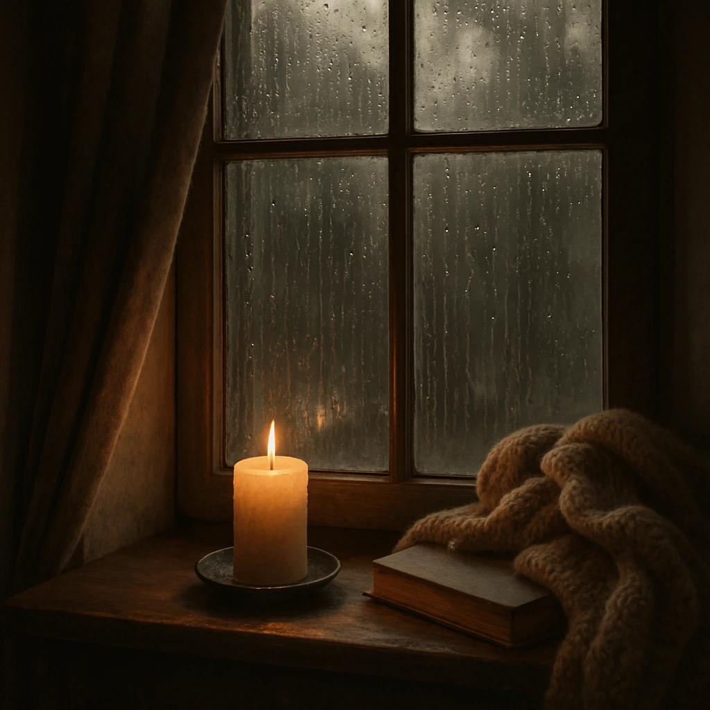 window with rain outside and a candle on the sill, cozy mood emoji