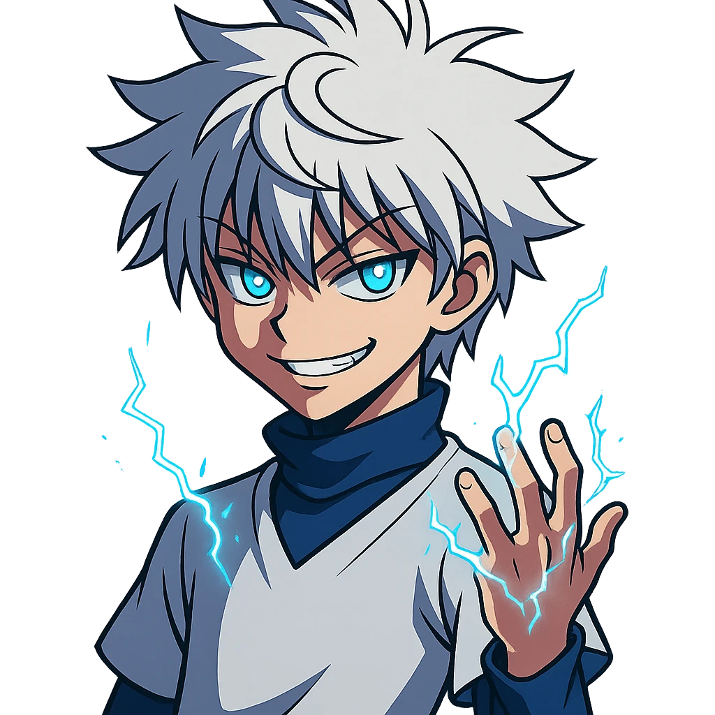 Killua Zoldyck from Hunter x Hunter, mischievous smile, electric sparks on hand, subtle animation with sparks flickering and eyes glowing, modern sharp anime style, bold colors, clean lines, slightly futuristic, optimized for chat emoji emoji