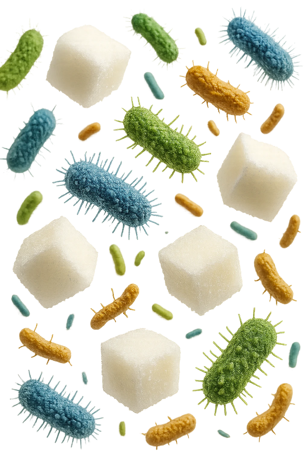 ZOLLETTE DI ZUCCHERO FLUTTUANO IN ARIA INSIEME A BATTERI INTESTINALI REALISTICI
IPERREALISTICO 4K, SFONDO BIANCO emoji