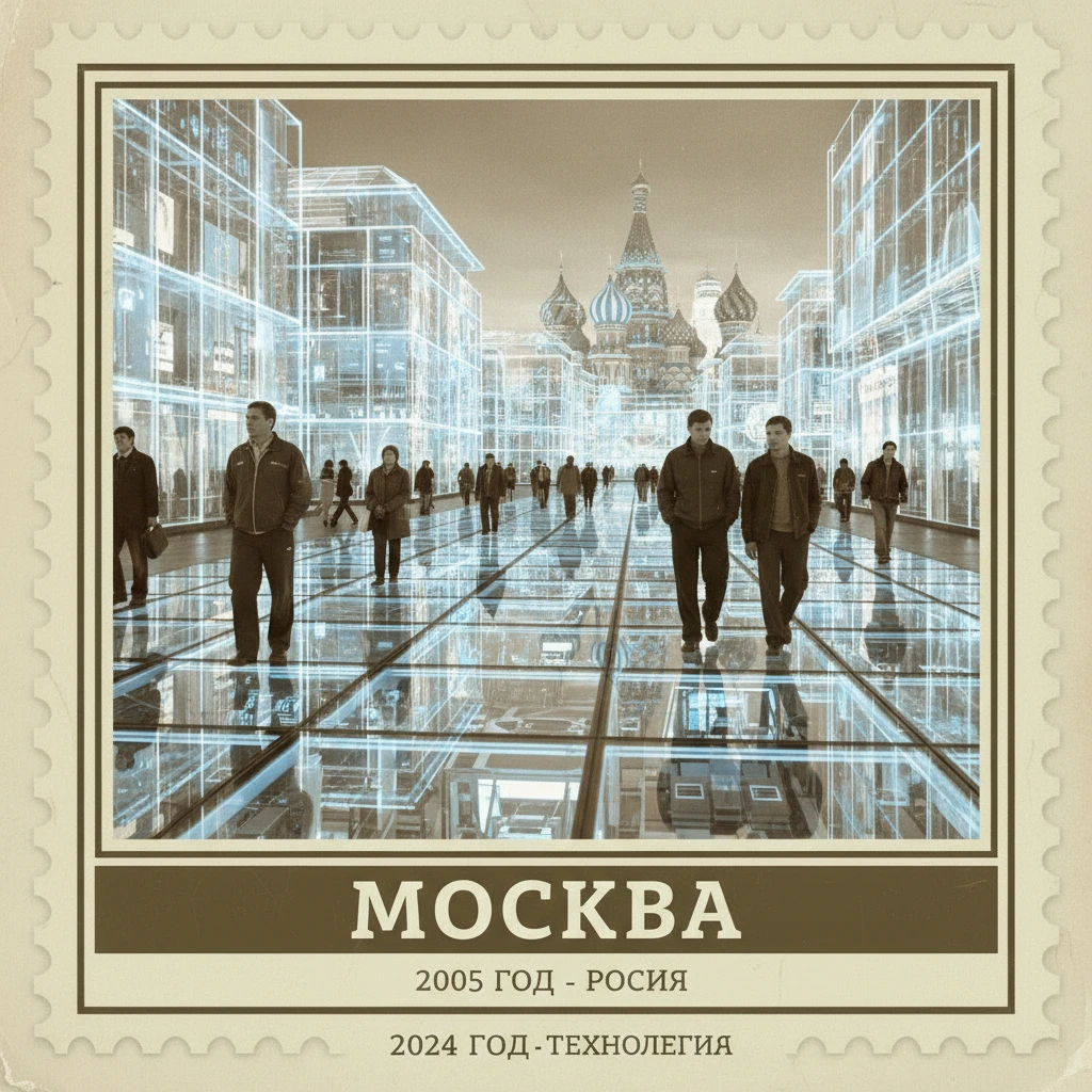 Полностью стеклянная улица в Москве, по которой гуляют люди, машин нет. 2005 год.

Стиль - фотореализм.

Стилизуй под марку с фото emoji