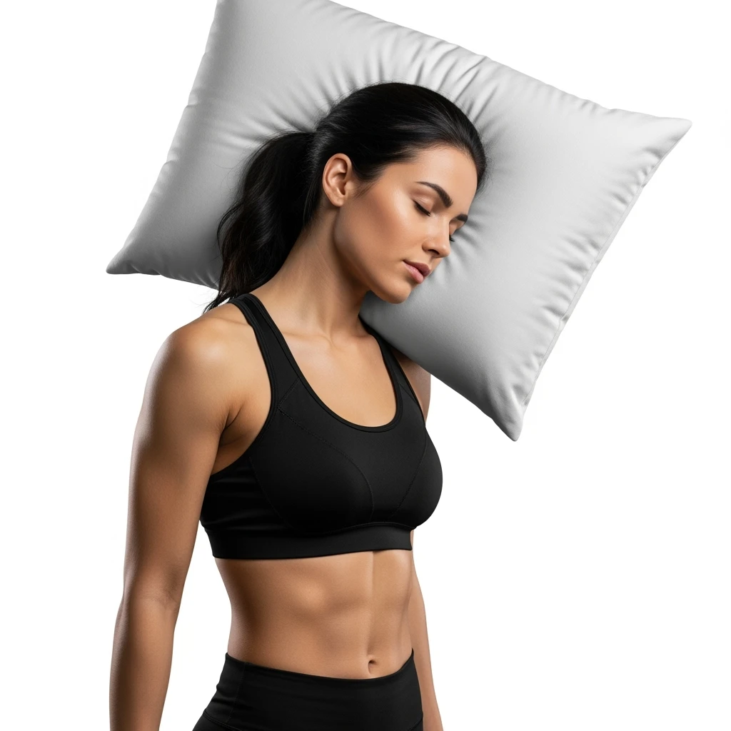 DONNA FITNESS IN PIEDI CON CUSCINO DIETRO LA TESTA MENTRE PROVA A DORMIRE, IPERREALISTICA 4K, SENZA SFONDO emoji