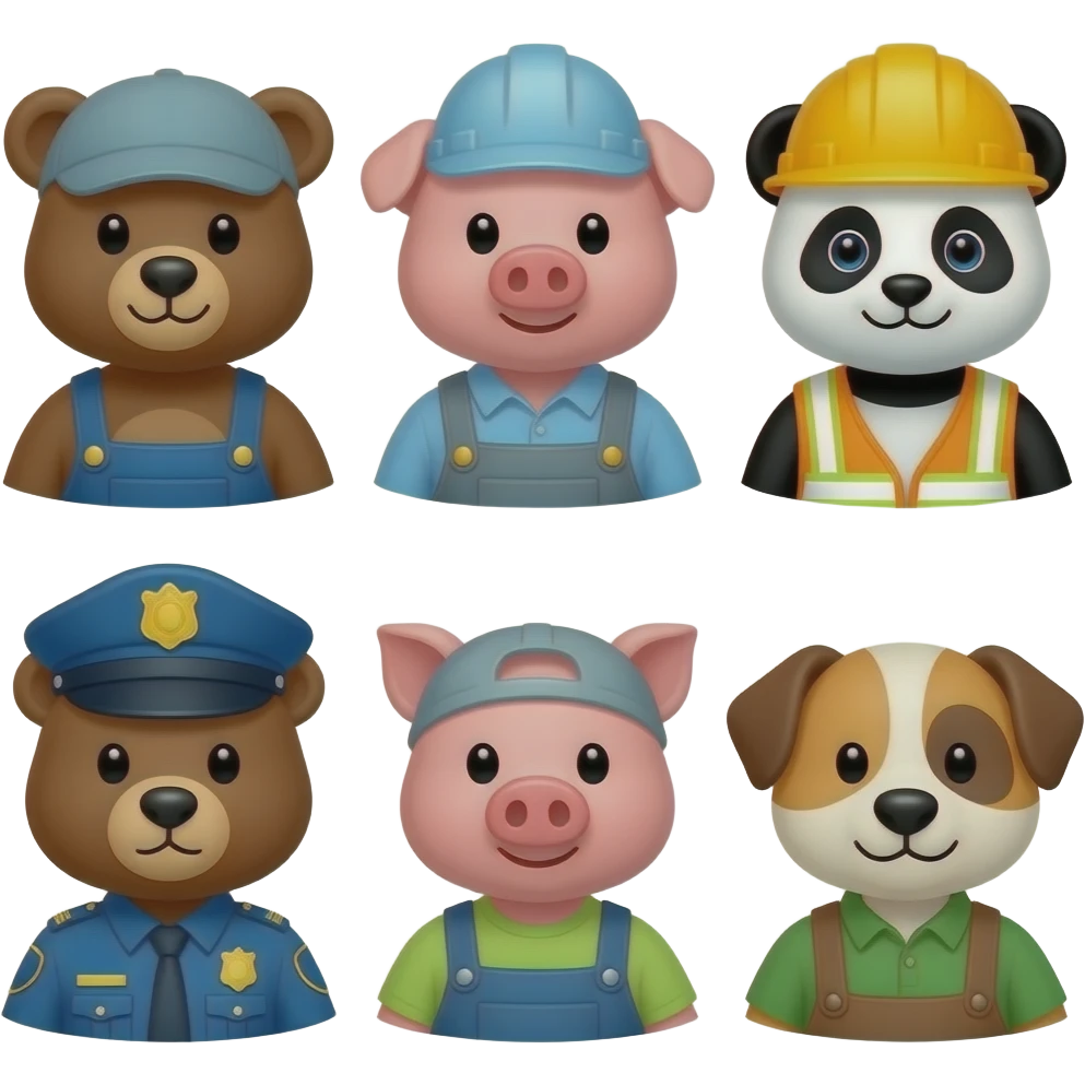 Gardener bear, plumber pig, carpenter panda, police officer bear, trashman pig, and farmer dog emoji
