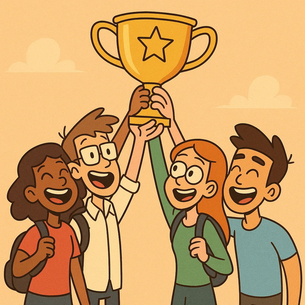 four students lifting a trophy, warm atmosphere, flat design style, pastel colors emoji