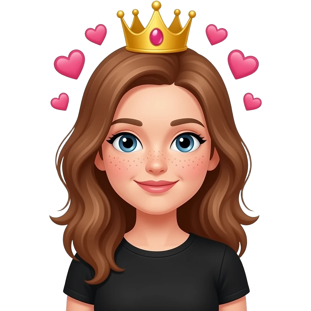 Woman with light brown hair and freckles, with princess crown on her haead and cute blushed face with hearts around her head, wearing a black t shirt emoji