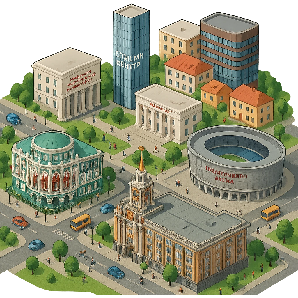 Изометричная миниатюрная фотореалистичная 3D модель Екатеринбурга - Дом Севастьянова, Ельцин-центр, Уральский федеральный университет, дома, Екатеринбург Арена, Штаб-квартира Русской медной компании, Здание Свердловского городского совета народных депутатов, четкие линии, яркие цвета, мультяшный реализм, люди, автотранспорт, компактная композиция, вид сверху в изометрии, прозрачный фон emoji