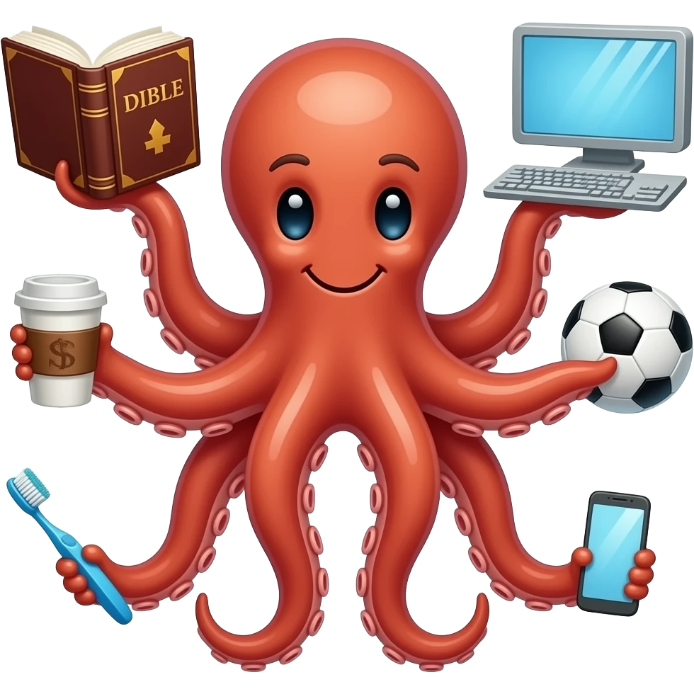 une pieuvre qui est multitache avec la Bible, un ordinateur, un ballon de foot , qui bois du café, une brosse à dent, le téléphone et que chaque tentacule tien emoji