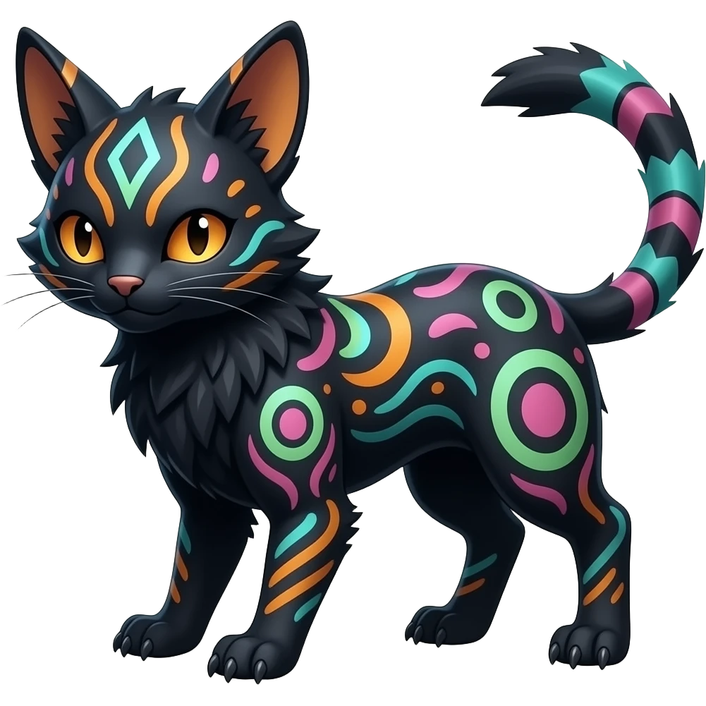Rare warm-colored exotic edgy epic aesthetic gloomy spooky dark modern colorful cyber-Genet-Trico-Civet-species-Fakemon-hybrid-creature, with beautiful intricate markings, full body emoji