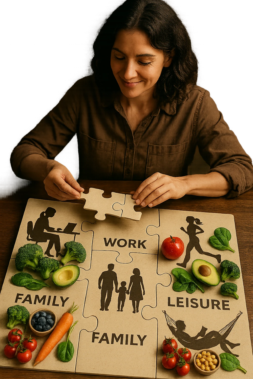 realistica cinematic photo a person is surrounded by puzzle pieces, each representing a different aspect of their life (work, exercise, family, leisure), and healthy foods are integrated into each piece. The person assembles the puzzle, creating a complete, personalized nutrition plan. The mood is uplifting and creative. in italiano emoji