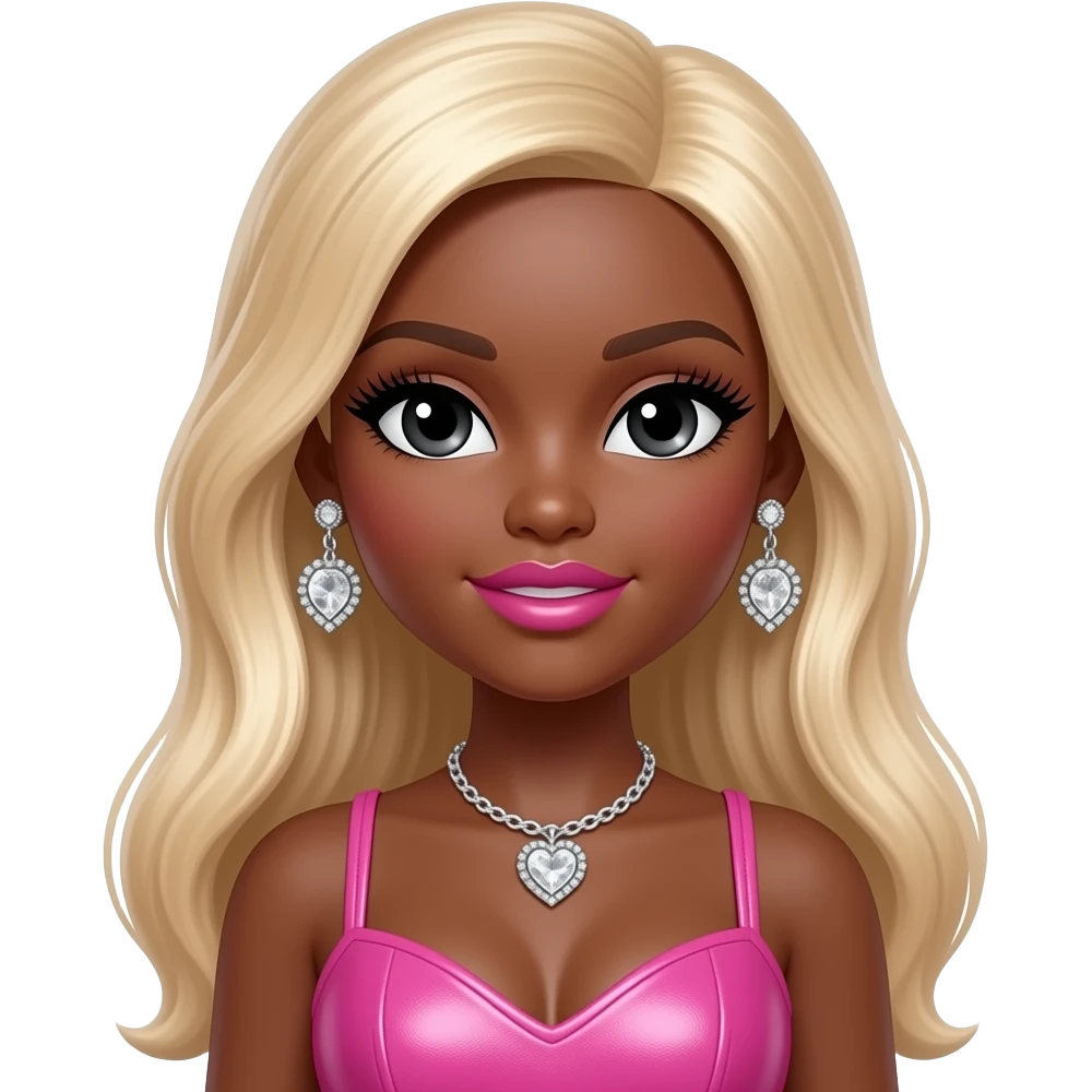 Black girl, Pink big lips, black doll eyes, dark brown skin, Long giant lashes,Doll faced shaped, silver Swarovski heart necklace, big diamond earrings studs, bimbo, black doll eyes, barbie, darker brown skin with blonde hair big breast, pink Leather Mini Dress, big lips emoji